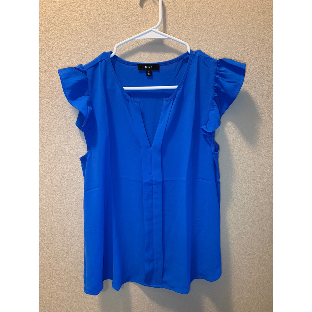 Mine Royal Blue Ruffle Cap‎ Sleeve Split V-Neck Blouse Top TB8470 Womens Small
